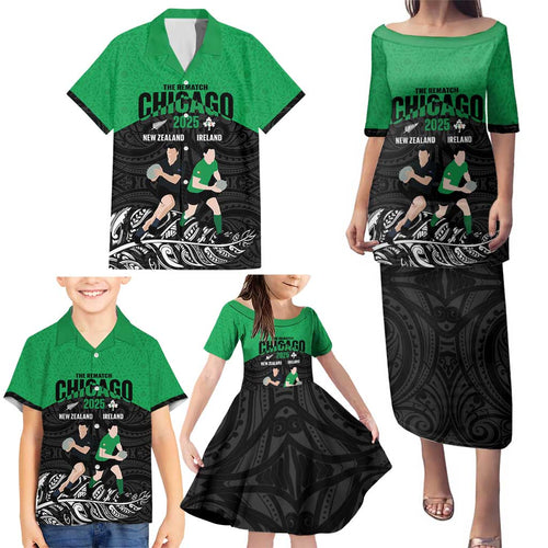 New Zealand and Ireland Rugby Custom Family Matching Puletasi and Hawaiian Shirt Chicago 2025 Go All Black Shamrocks - Aussie Hoodie