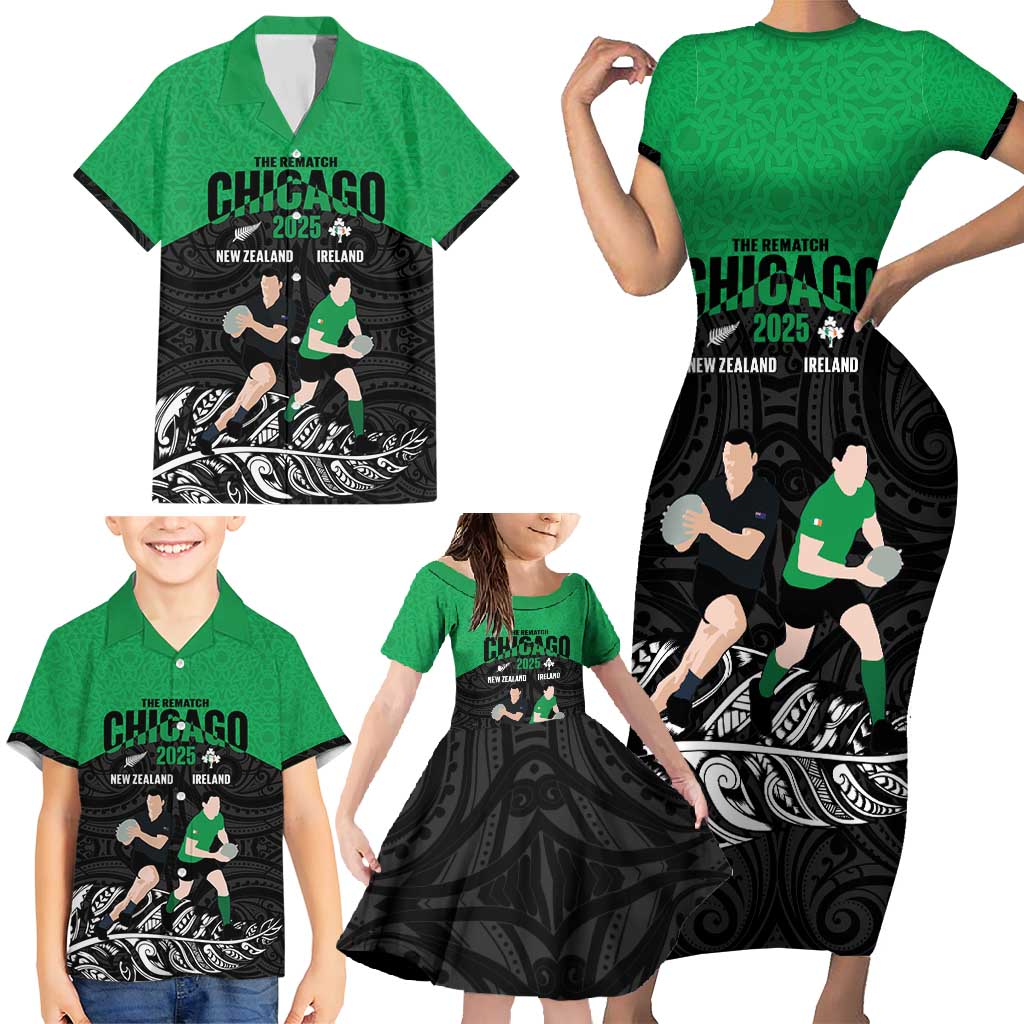 New Zealand and Ireland Rugby Custom Family Matching Short Sleeve Bodycon Dress and Hawaiian Shirt Chicago 2025 Go All Black Shamrocks - Aussie Hoodie