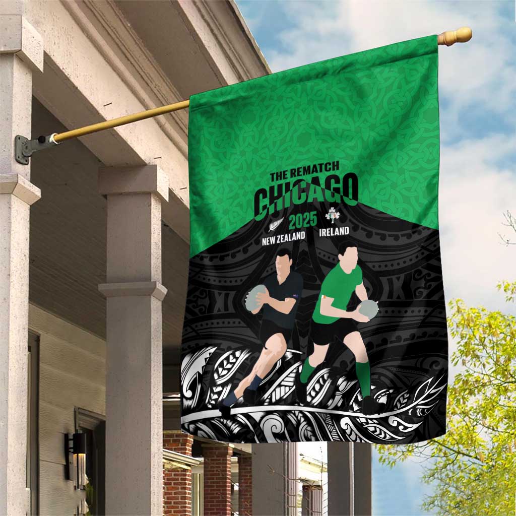 New Zealand and Ireland Rugby Garden Flag Chicago 2025 Go All Black Shamrocks - Aussie Hoodie