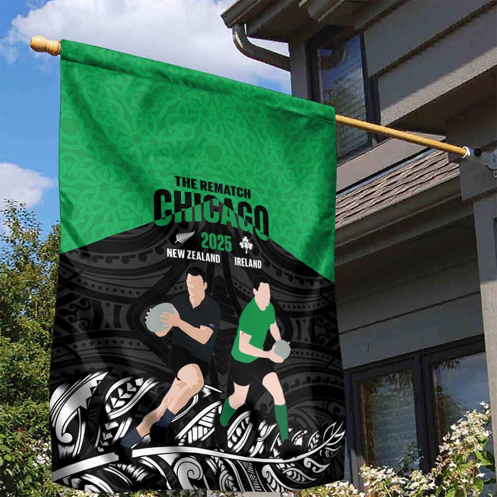 New Zealand and Ireland Rugby Garden Flag Chicago 2025 Go All Black Shamrocks - Aussie Hoodie