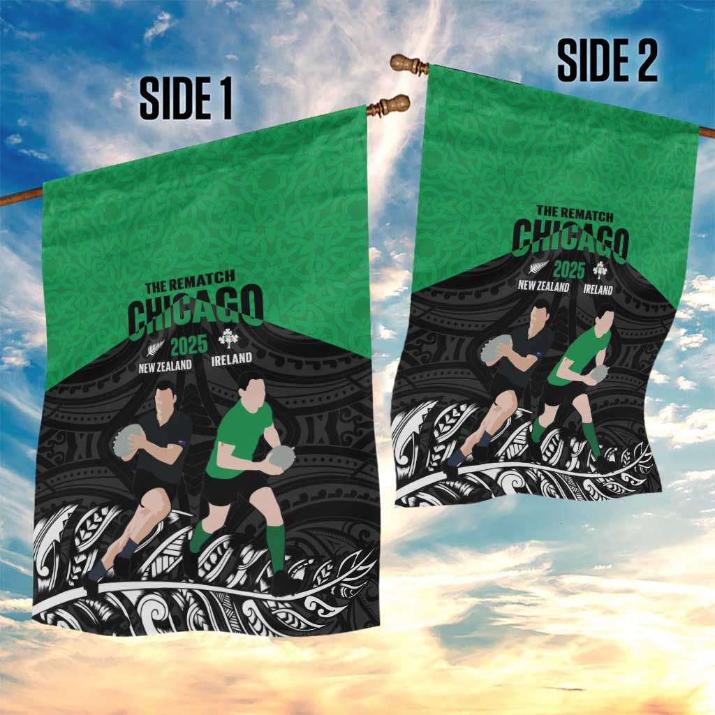 New Zealand and Ireland Rugby Garden Flag Chicago 2025 Go All Black Shamrocks - Aussie Hoodie