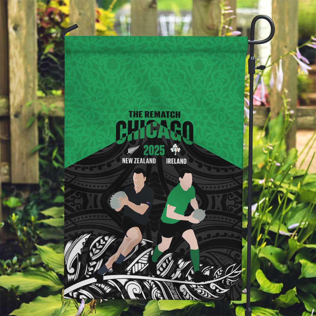 New Zealand and Ireland Rugby Garden Flag Chicago 2025 Go All Black Shamrocks - Aussie Hoodie