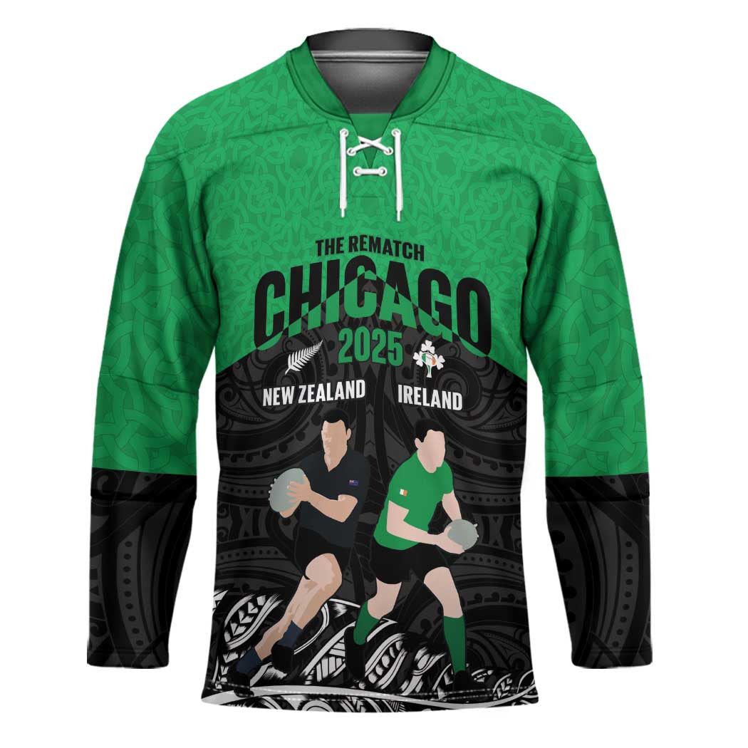 New Zealand and Ireland Rugby Custom Hockey Jersey Chicago 2025 Go All Black Shamrocks - Aussie Hoodie