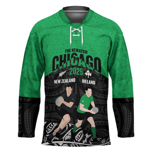 New Zealand and Ireland Rugby Custom Hockey Jersey Chicago 2025 Go All Black Shamrocks - Aussie Hoodie
