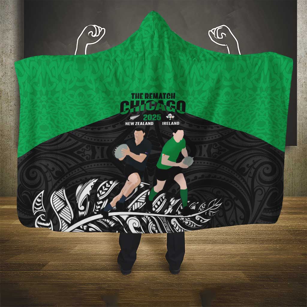 New Zealand and Ireland Rugby Hooded Blanket Chicago 2025 Go All Black Shamrocks - Aussie Hoodie