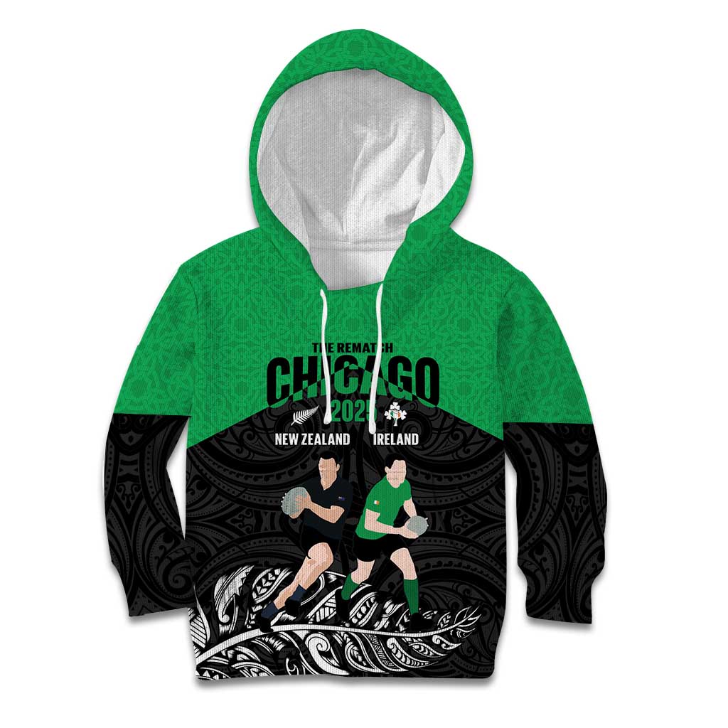 New Zealand and Ireland Rugby Custom Kid Hoodie Chicago 2025 Go All Black Shamrocks - Aussie Hoodie