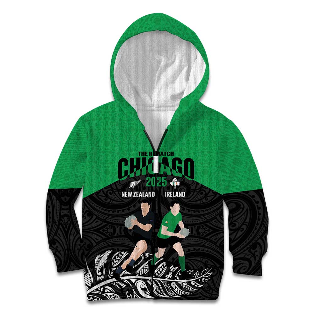 New Zealand and Ireland Rugby Custom Kid Hoodie Chicago 2025 Go All Black Shamrocks - Aussie Hoodie