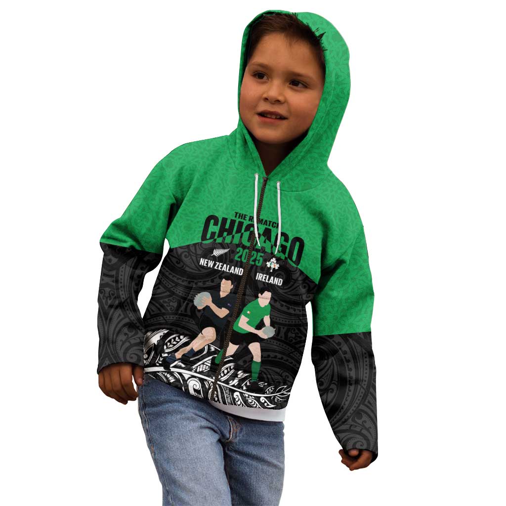 New Zealand and Ireland Rugby Custom Kid Hoodie Chicago 2025 Go All Black Shamrocks - Aussie Hoodie
