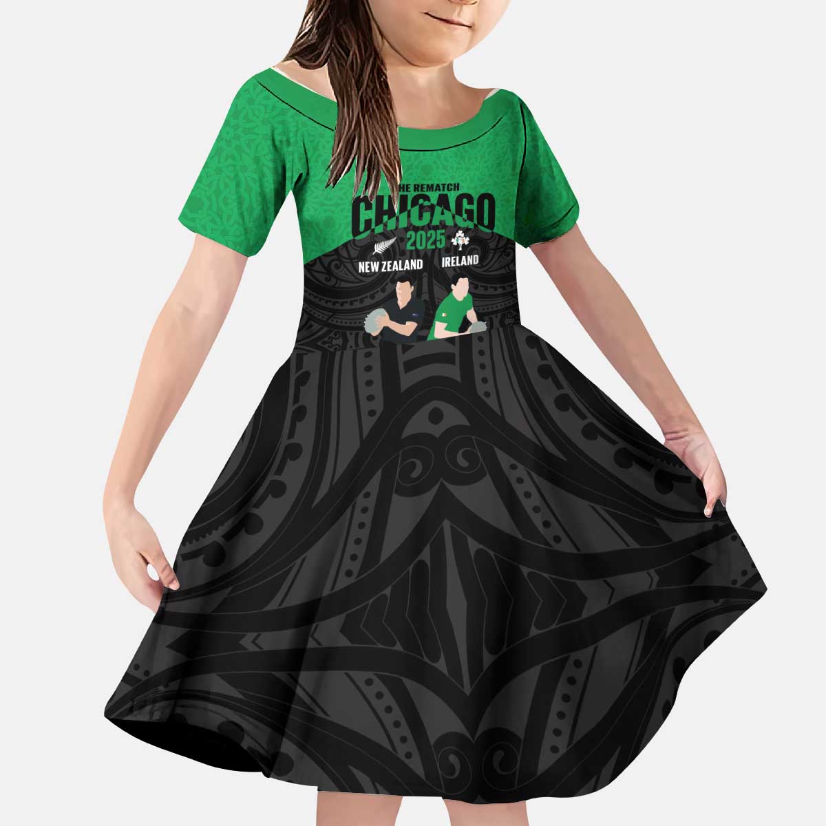 New Zealand and Ireland Rugby Custom Kid Short Sleeve Dress Chicago 2025 Go All Black Shamrocks - Aussie Hoodie