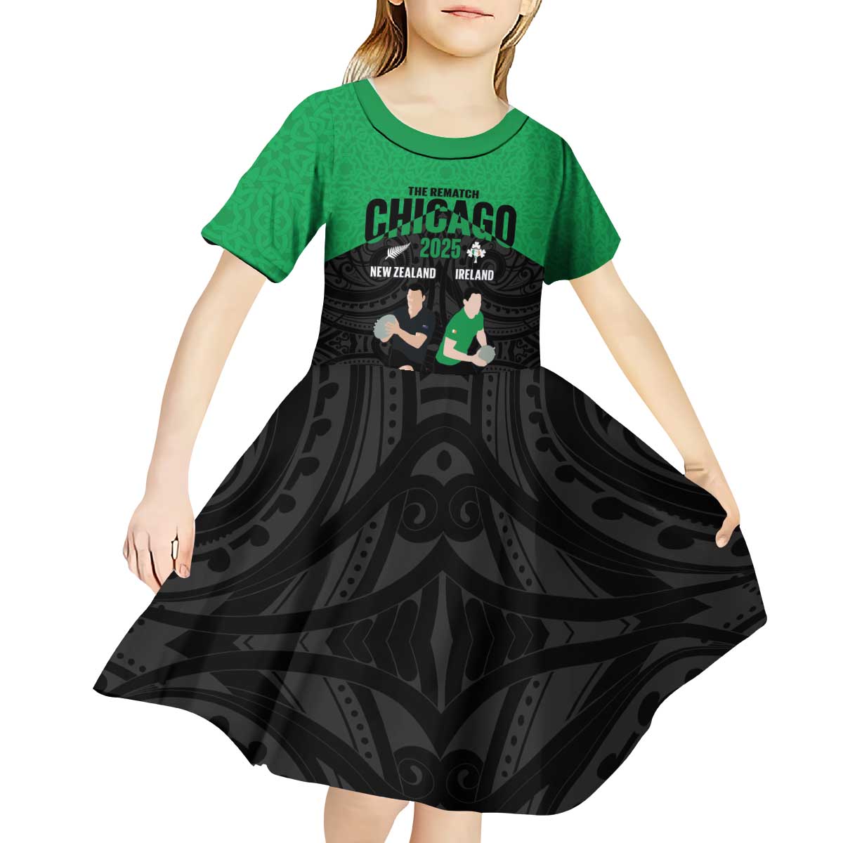 New Zealand and Ireland Rugby Custom Kid Short Sleeve Dress Chicago 2025 Go All Black Shamrocks - Aussie Hoodie