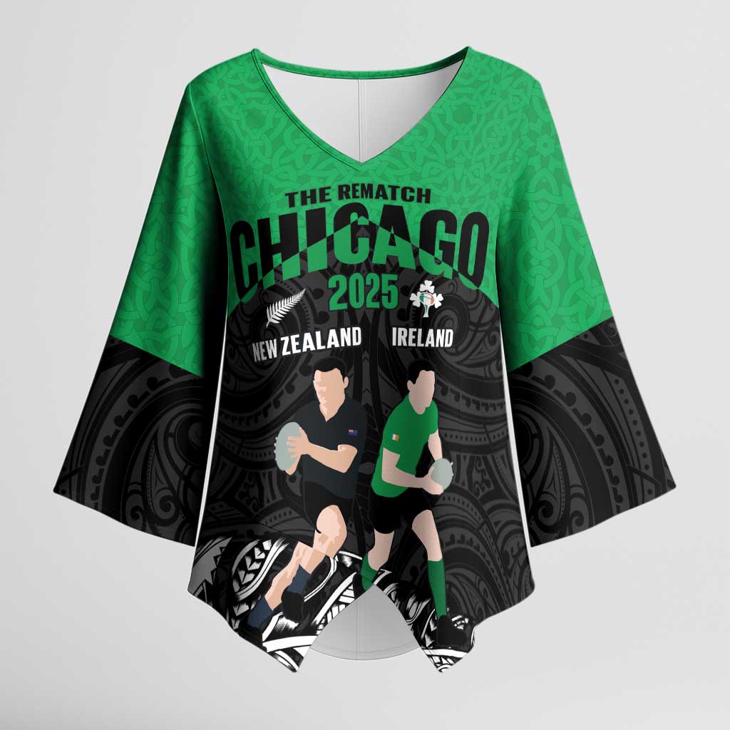 New Zealand and Ireland Rugby Custom Kimono Sleeve Blouse Chicago 2025 Go All Black Shamrocks - Aussie Hoodie