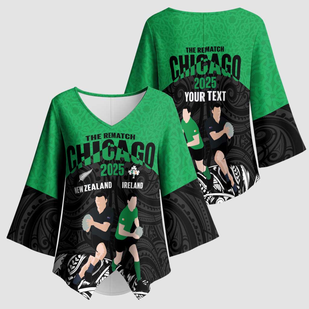 New Zealand and Ireland Rugby Custom Kimono Sleeve Blouse Chicago 2025 Go All Black Shamrocks - Aussie Hoodie