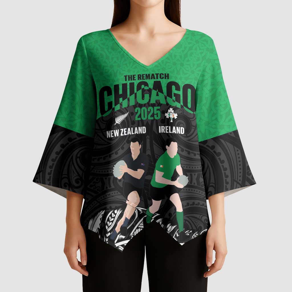 New Zealand and Ireland Rugby Custom Kimono Sleeve Blouse Chicago 2025 Go All Black Shamrocks - Aussie Hoodie