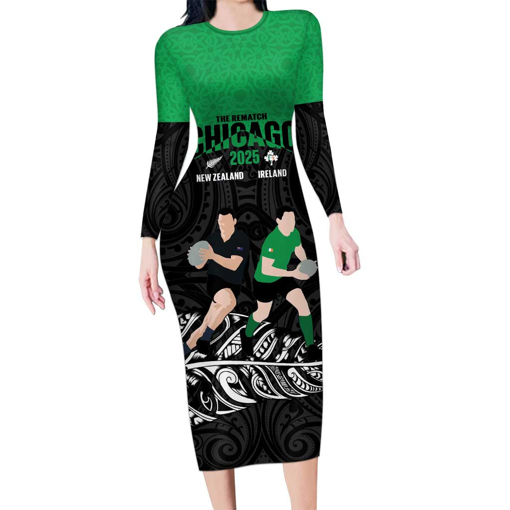 New Zealand and Ireland Rugby Custom Long Sleeve Bodycon Dress Chicago 2025 Go All Black Shamrocks - Aussie Hoodie