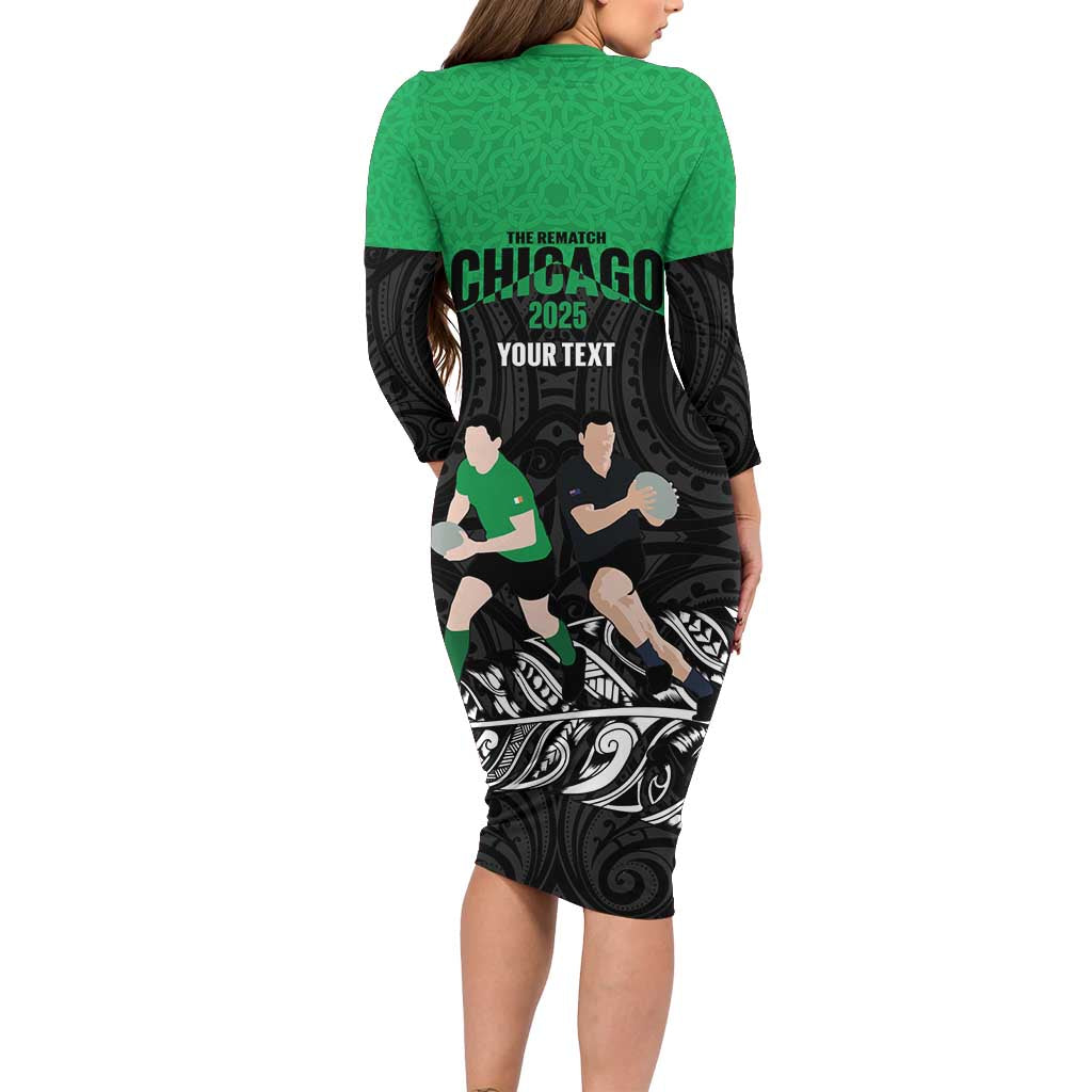 New Zealand and Ireland Rugby Custom Long Sleeve Bodycon Dress Chicago 2025 Go All Black Shamrocks - Aussie Hoodie