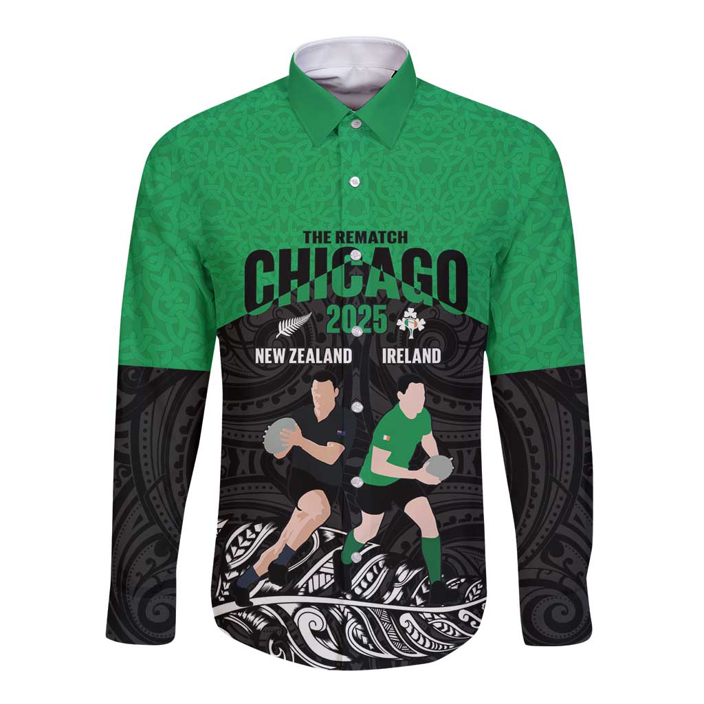 New Zealand and Ireland Rugby Custom Long Sleeve Button Shirt Chicago 2025 Go All Black Shamrocks - Aussie Hoodie