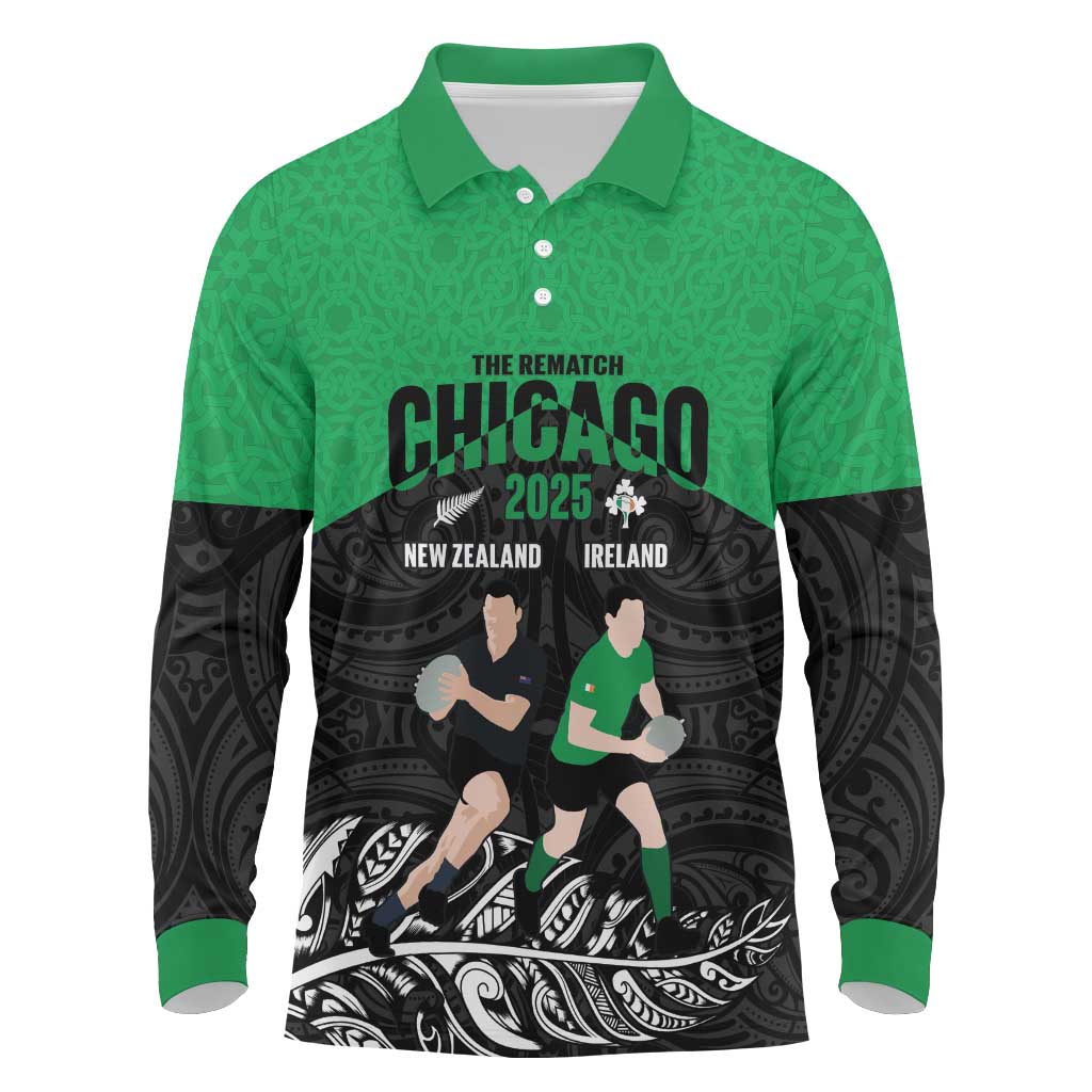 New Zealand and Ireland Rugby Custom Long Sleeve Polo Shirt Chicago 2025 Go All Black Shamrocks - Aussie Hoodie