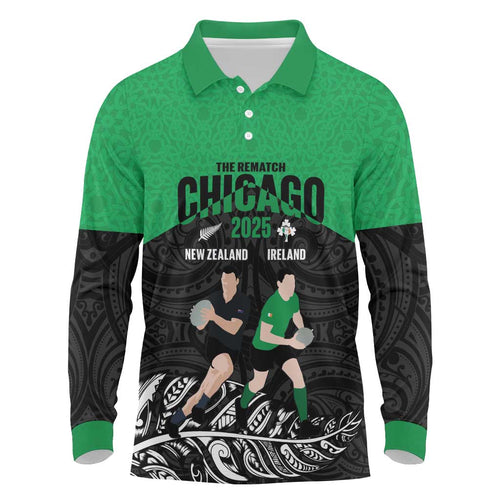 New Zealand and Ireland Rugby Custom Long Sleeve Polo Shirt Chicago 2025 Go All Black Shamrocks - Aussie Hoodie