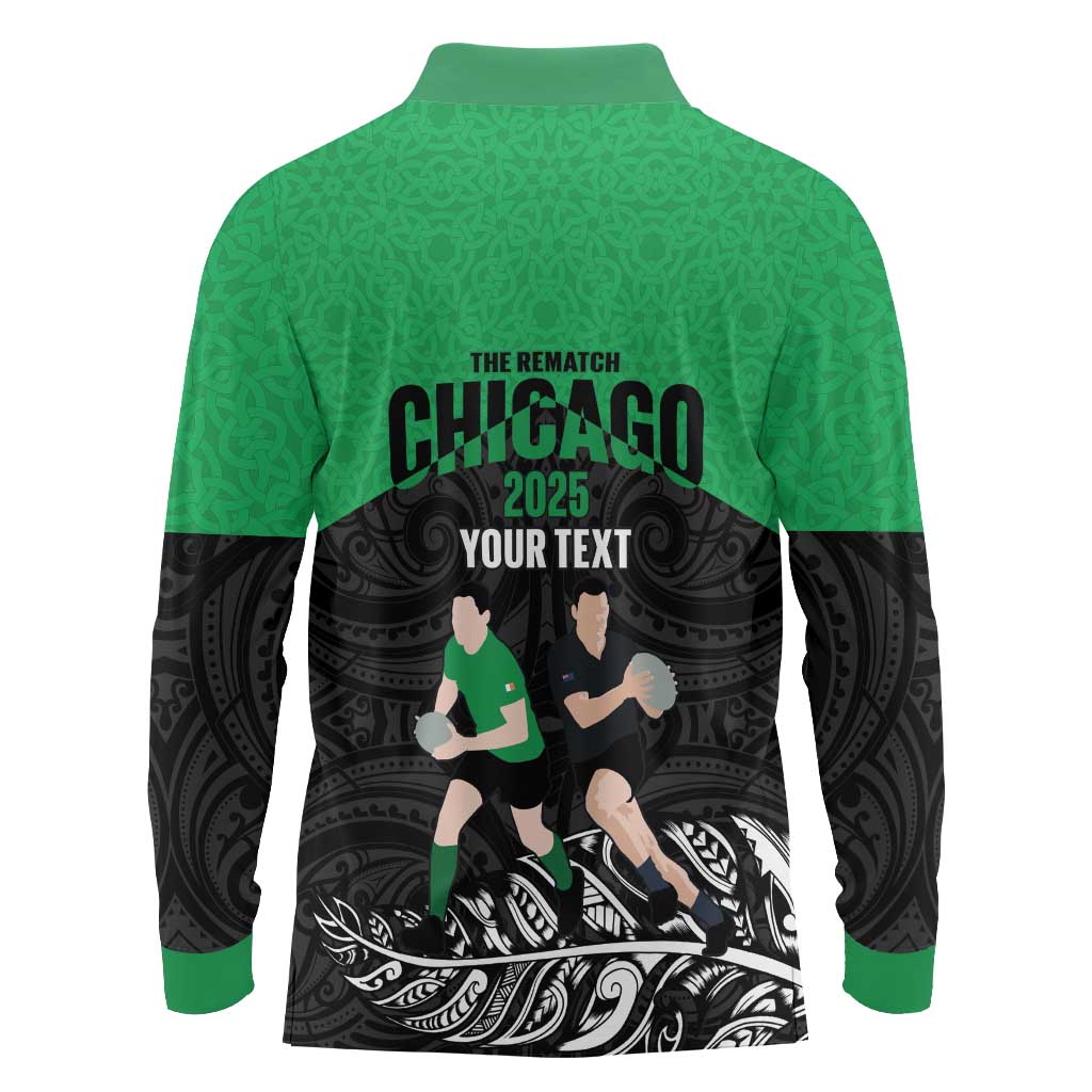 New Zealand and Ireland Rugby Custom Long Sleeve Polo Shirt Chicago 2025 Go All Black Shamrocks - Aussie Hoodie