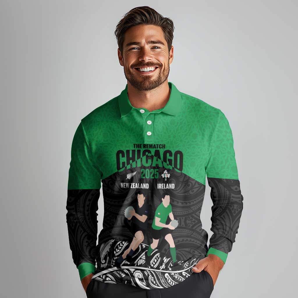 New Zealand and Ireland Rugby Custom Long Sleeve Polo Shirt Chicago 2025 Go All Black Shamrocks - Aussie Hoodie