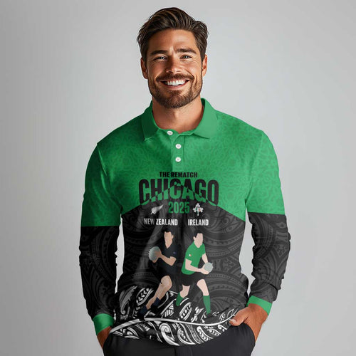 New Zealand and Ireland Rugby Custom Long Sleeve Polo Shirt Chicago 2025 Go All Black Shamrocks - Aussie Hoodie