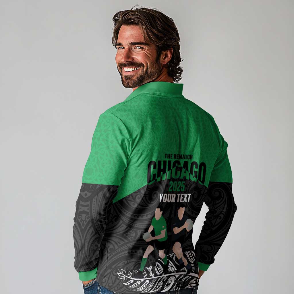 New Zealand and Ireland Rugby Custom Long Sleeve Polo Shirt Chicago 2025 Go All Black Shamrocks - Aussie Hoodie