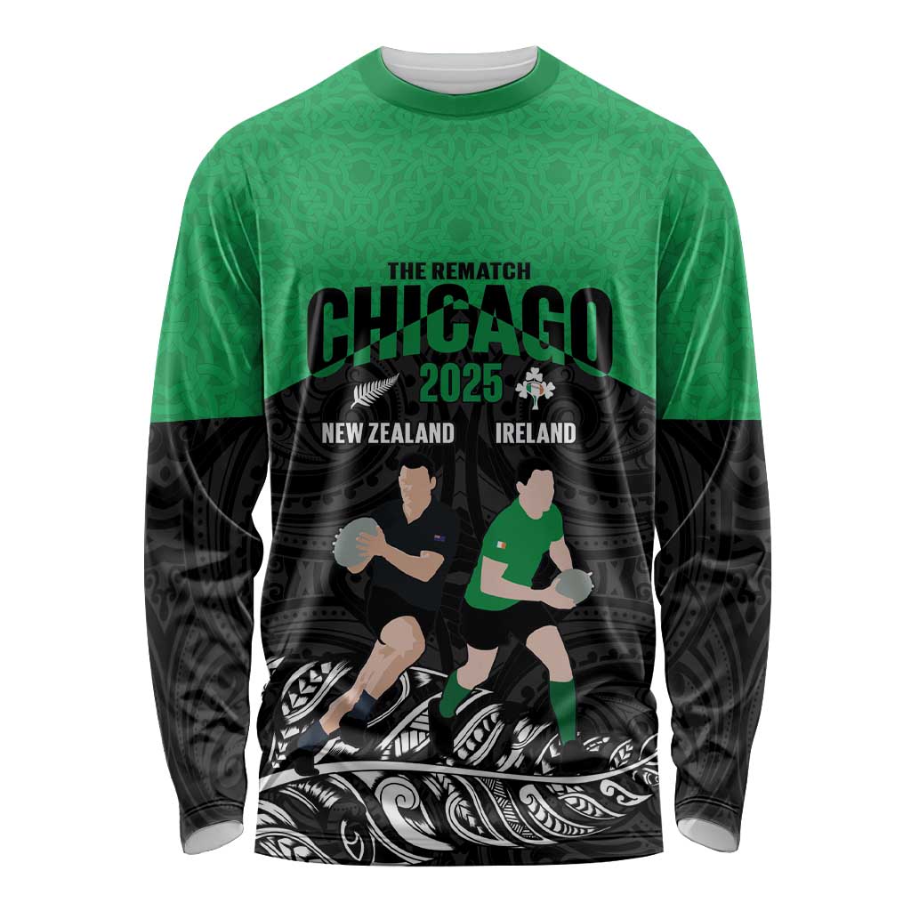 New Zealand and Ireland Rugby Custom Long Sleeve Shirt Chicago 2025 Go All Black Shamrocks - Aussie Hoodie