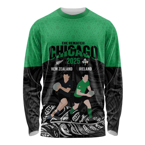 New Zealand and Ireland Rugby Custom Long Sleeve Shirt Chicago 2025 Go All Black Shamrocks - Aussie Hoodie