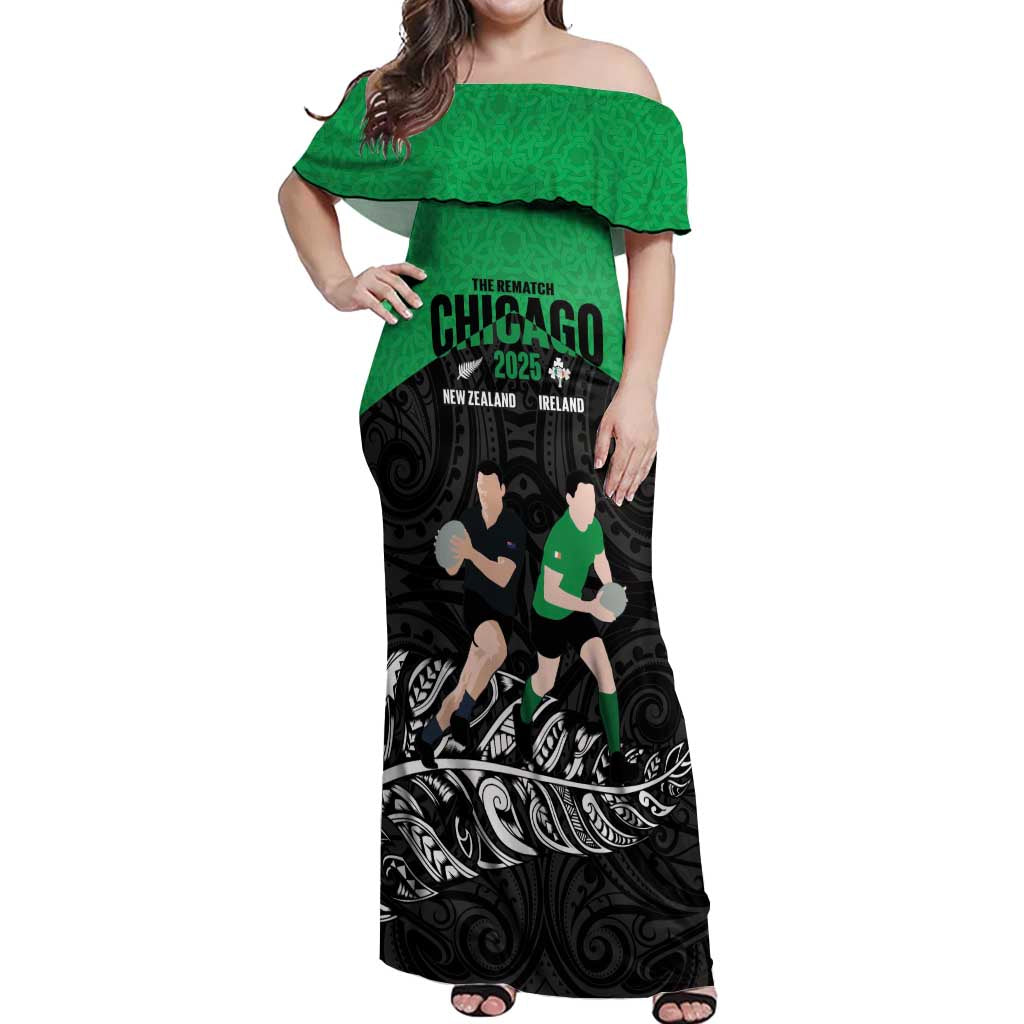 New Zealand and Ireland Rugby Custom Off Shoulder Maxi Dress Chicago 2025 Go All Black Shamrocks - Aussie Hoodie
