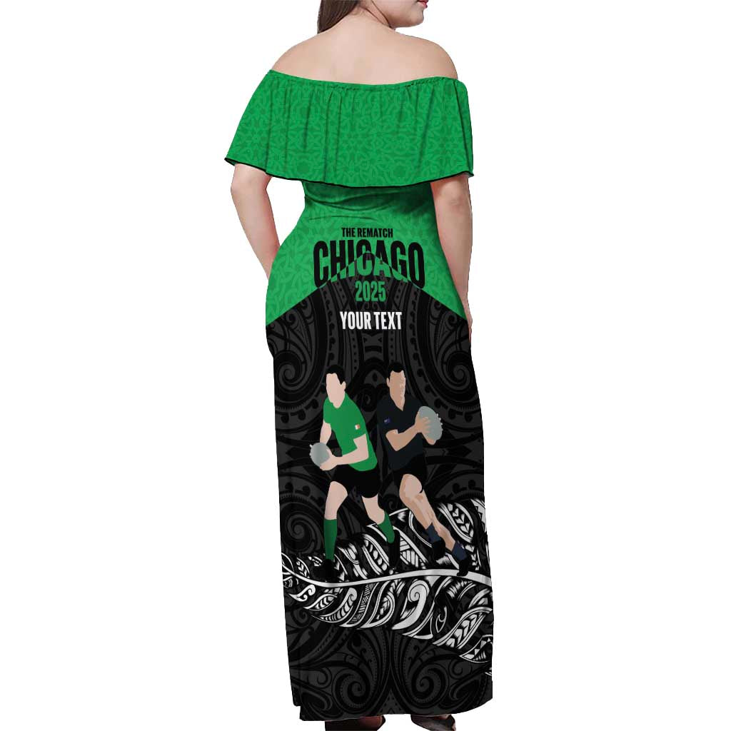 New Zealand and Ireland Rugby Custom Off Shoulder Maxi Dress Chicago 2025 Go All Black Shamrocks - Aussie Hoodie