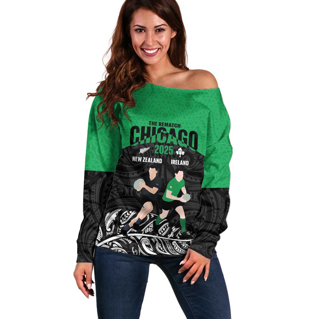New Zealand and Ireland Rugby Custom Off Shoulder Sweater Chicago 2025 Go All Black Shamrocks - Aussie Hoodie