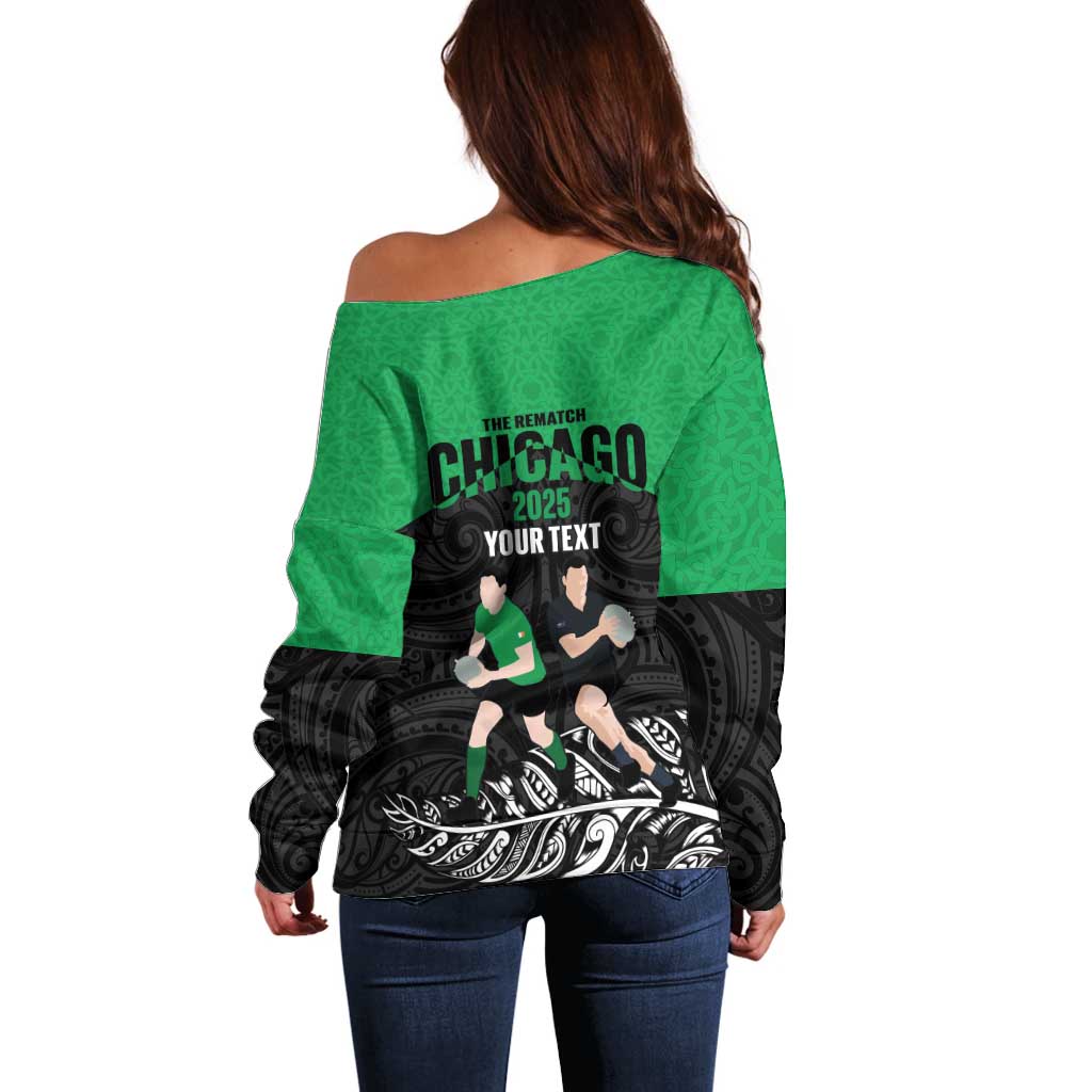 New Zealand and Ireland Rugby Custom Off Shoulder Sweater Chicago 2025 Go All Black Shamrocks - Aussie Hoodie