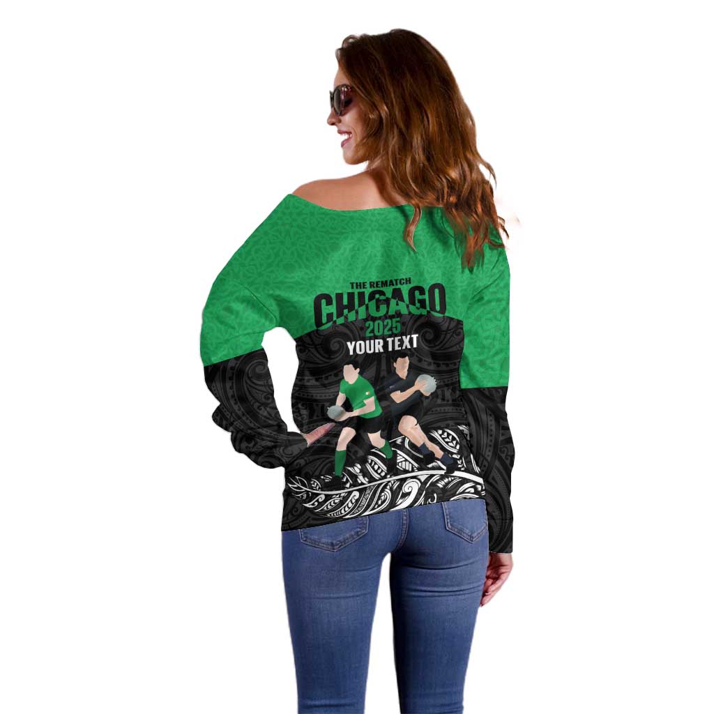 New Zealand and Ireland Rugby Custom Off Shoulder Sweater Chicago 2025 Go All Black Shamrocks - Aussie Hoodie