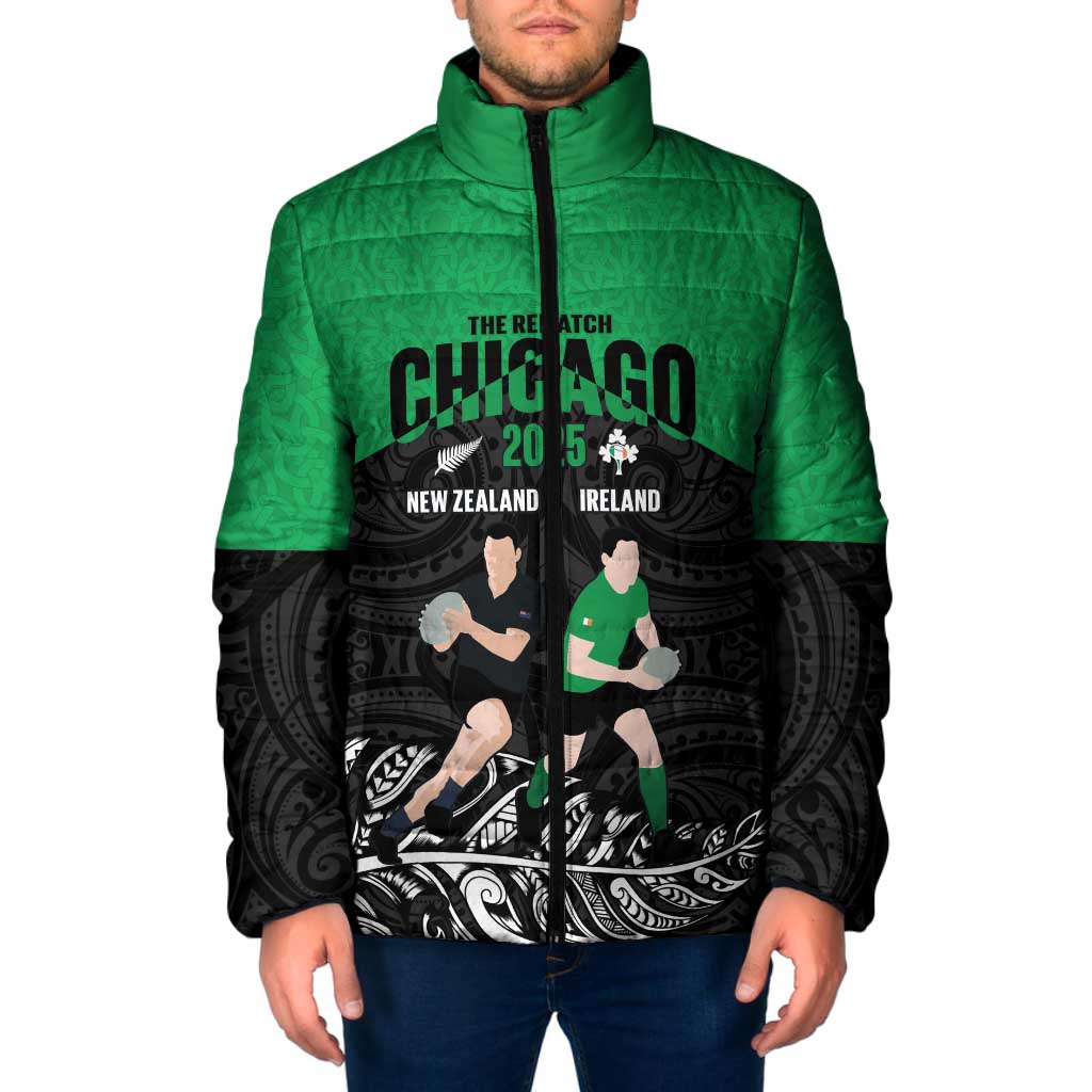 New Zealand and Ireland Rugby Custom Padded Jacket Chicago 2025 Go All Black Shamrocks - Aussie Hoodie