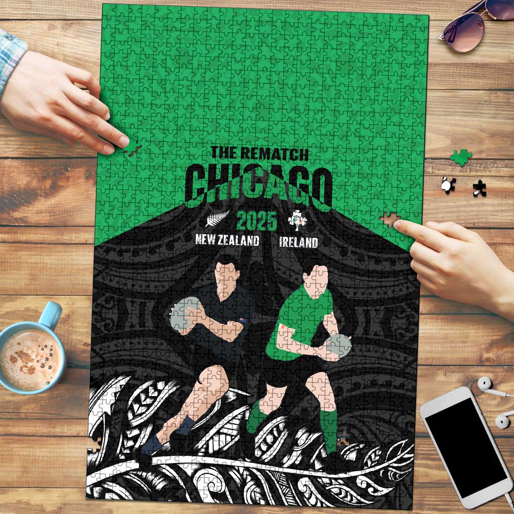 New Zealand and Ireland Rugby Puzzle Chicago 2025 Go All Black Shamrocks - Aussie Hoodie