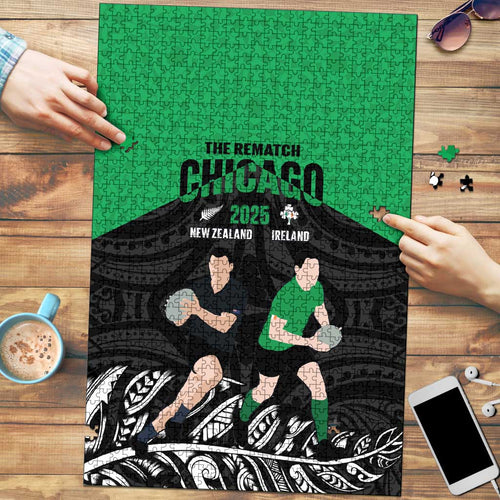 New Zealand and Ireland Rugby Puzzle Chicago 2025 Go All Black Shamrocks - Aussie Hoodie