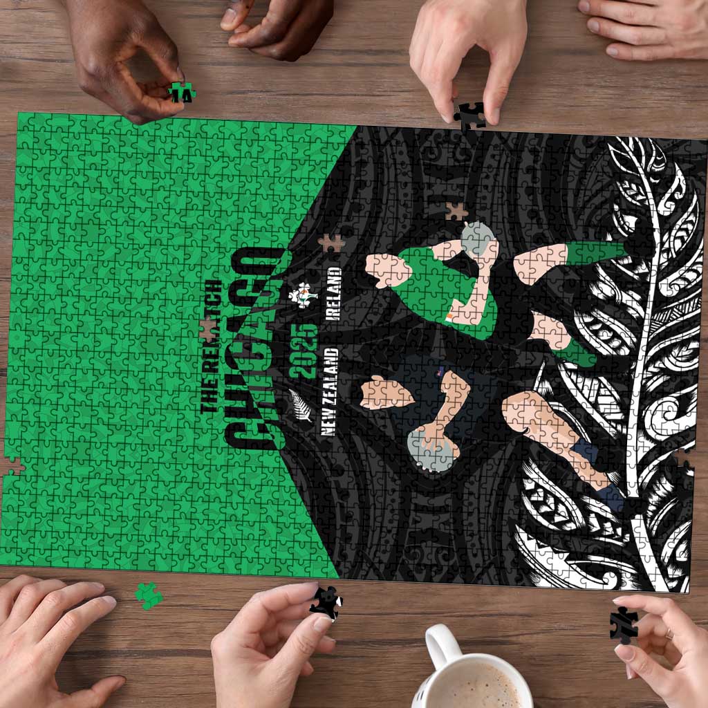 New Zealand and Ireland Rugby Puzzle Chicago 2025 Go All Black Shamrocks - Aussie Hoodie