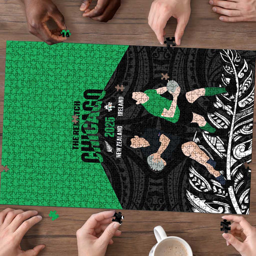 New Zealand and Ireland Rugby Puzzle Chicago 2025 Go All Black Shamrocks - Aussie Hoodie