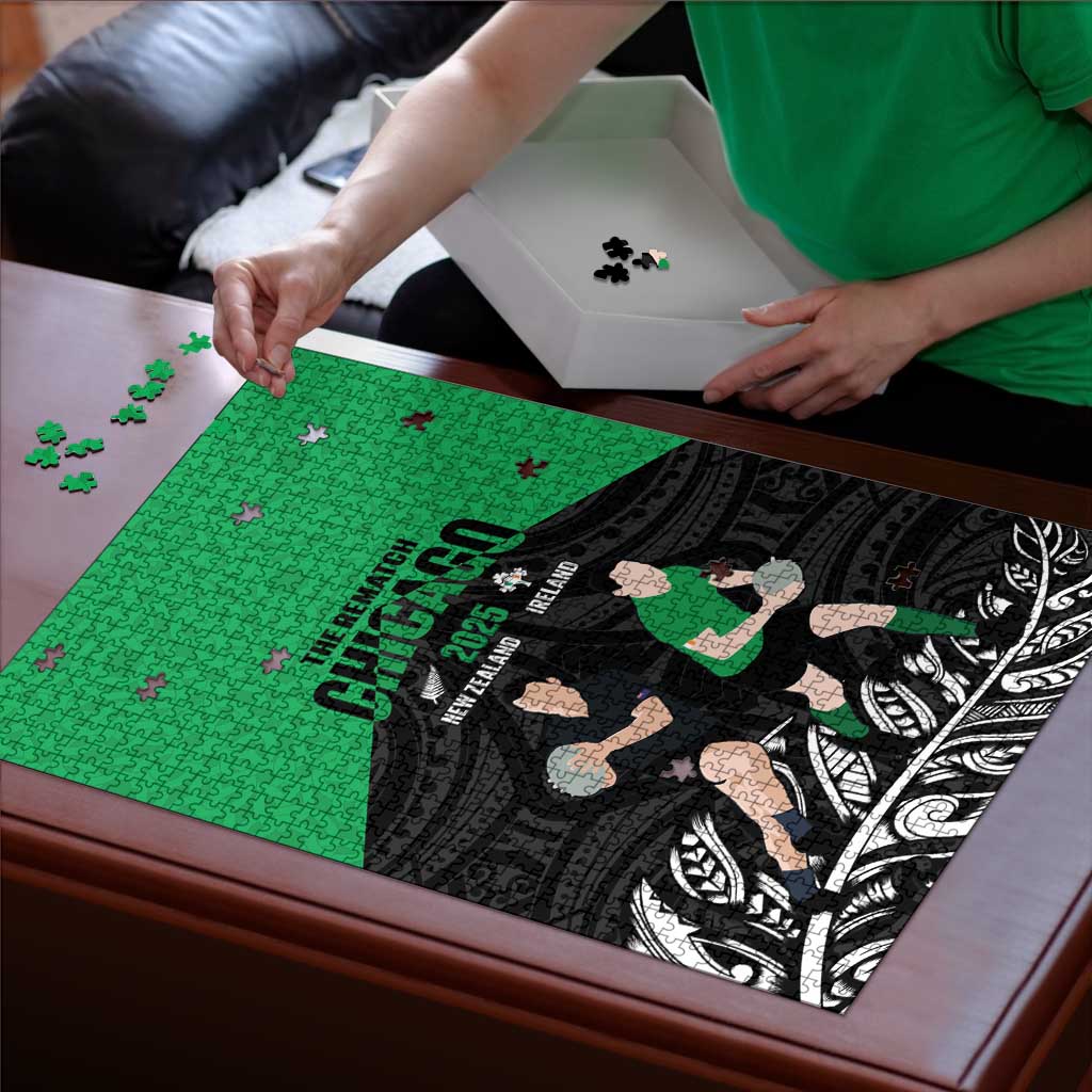 New Zealand and Ireland Rugby Puzzle Chicago 2025 Go All Black Shamrocks - Aussie Hoodie
