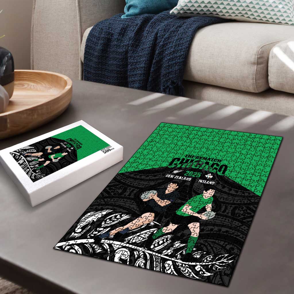 New Zealand and Ireland Rugby Puzzle Chicago 2025 Go All Black Shamrocks - Aussie Hoodie