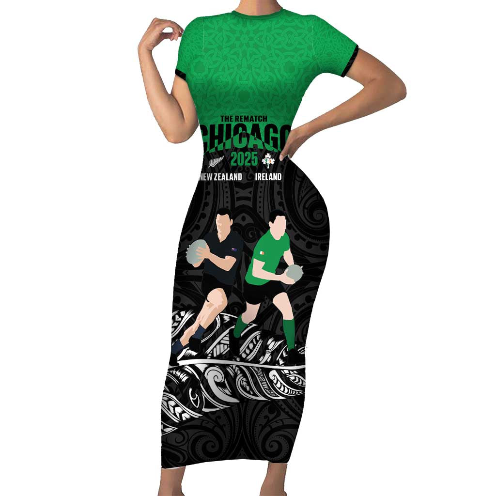New Zealand and Ireland Rugby Custom Short Sleeve Bodycon Dress Chicago 2025 Go All Black Shamrocks - Aussie Hoodie