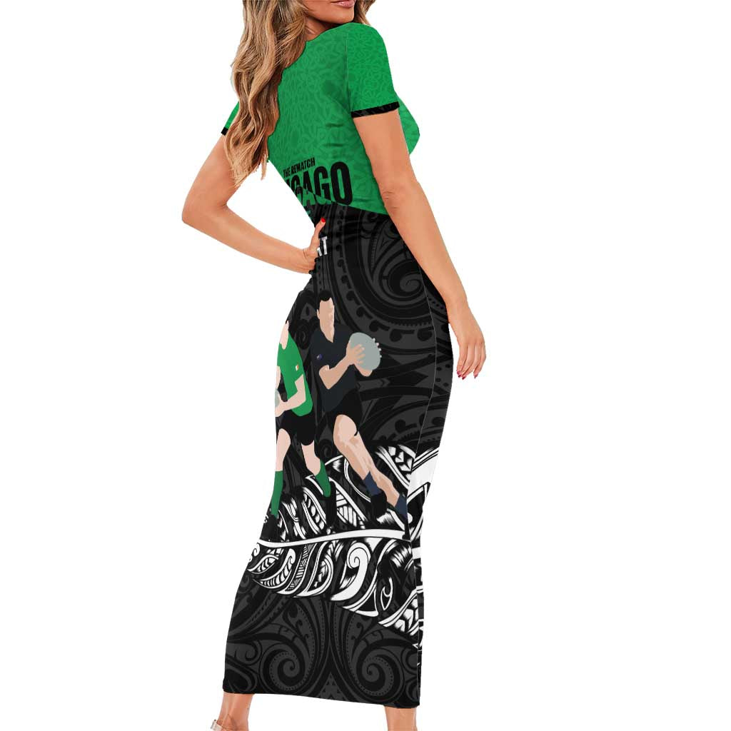 New Zealand and Ireland Rugby Custom Short Sleeve Bodycon Dress Chicago 2025 Go All Black Shamrocks - Aussie Hoodie