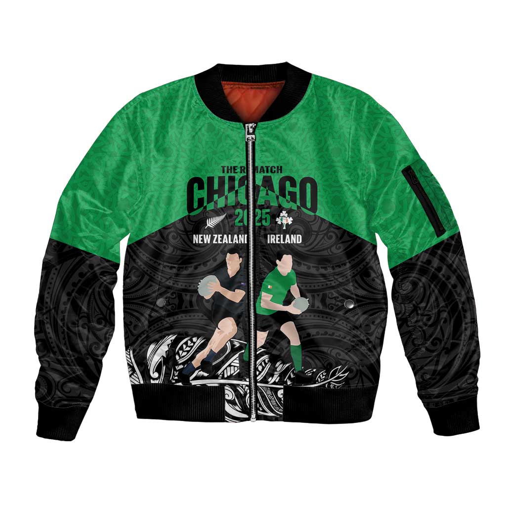 New Zealand and Ireland Rugby Custom Sleeve Zip Bomber Jacket Chicago 2025 Go All Black Shamrocks - Aussie Hoodie
