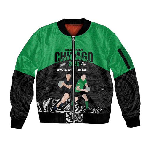 New Zealand and Ireland Rugby Custom Sleeve Zip Bomber Jacket Chicago 2025 Go All Black Shamrocks - Aussie Hoodie