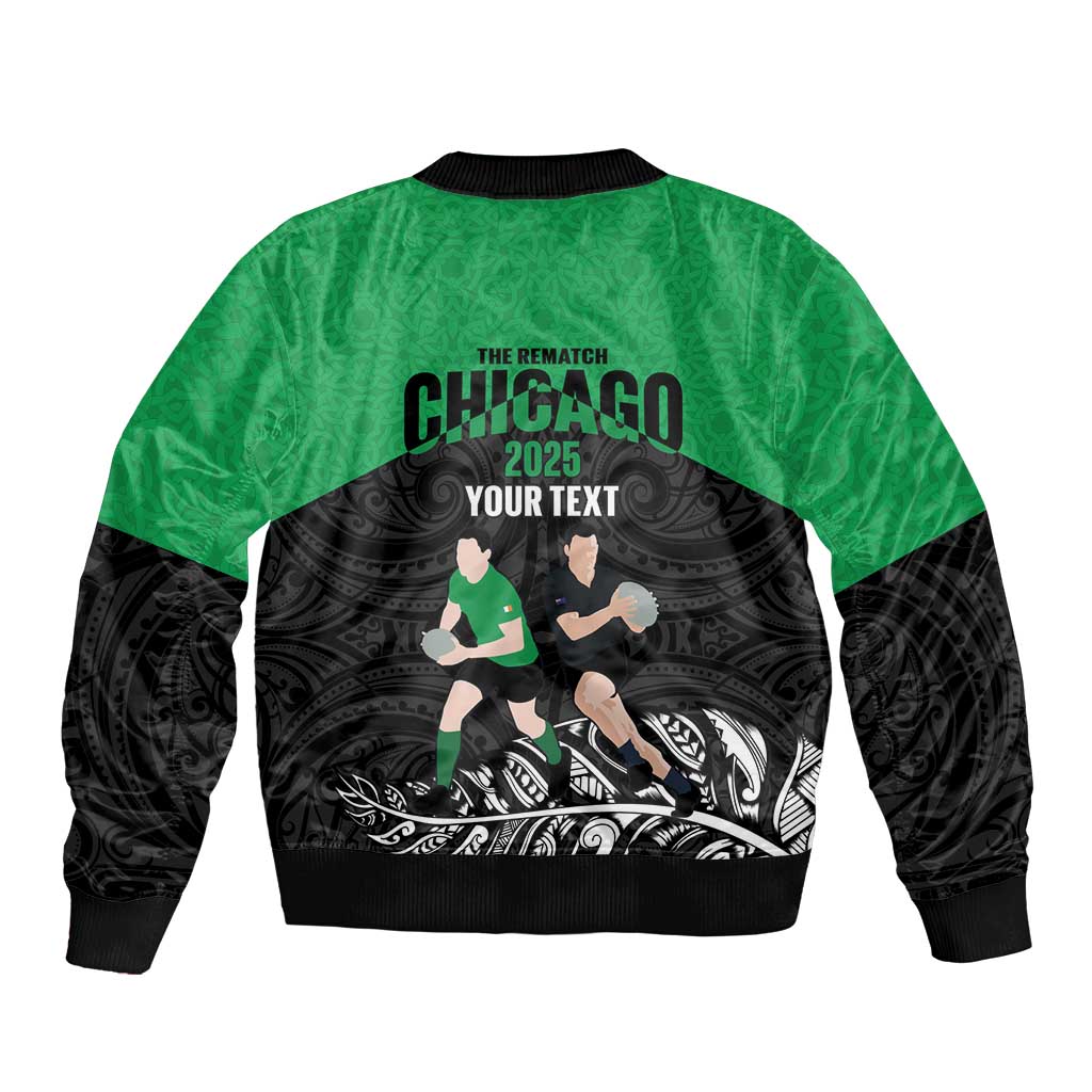 New Zealand and Ireland Rugby Custom Sleeve Zip Bomber Jacket Chicago 2025 Go All Black Shamrocks - Aussie Hoodie