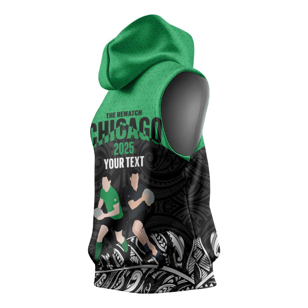 New Zealand and Ireland Rugby Custom Sleeveless Hoodie Chicago 2025 Go All Black Shamrocks - Aussie Hoodie