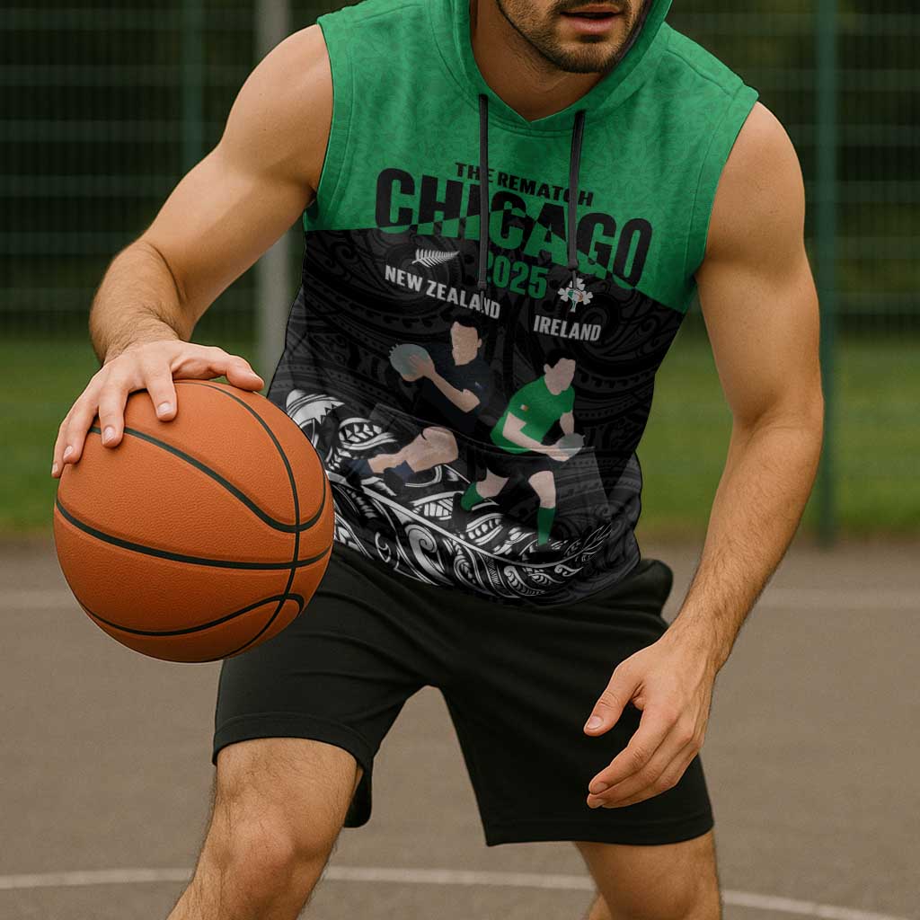 New Zealand and Ireland Rugby Custom Sleeveless Hoodie Chicago 2025 Go All Black Shamrocks - Aussie Hoodie
