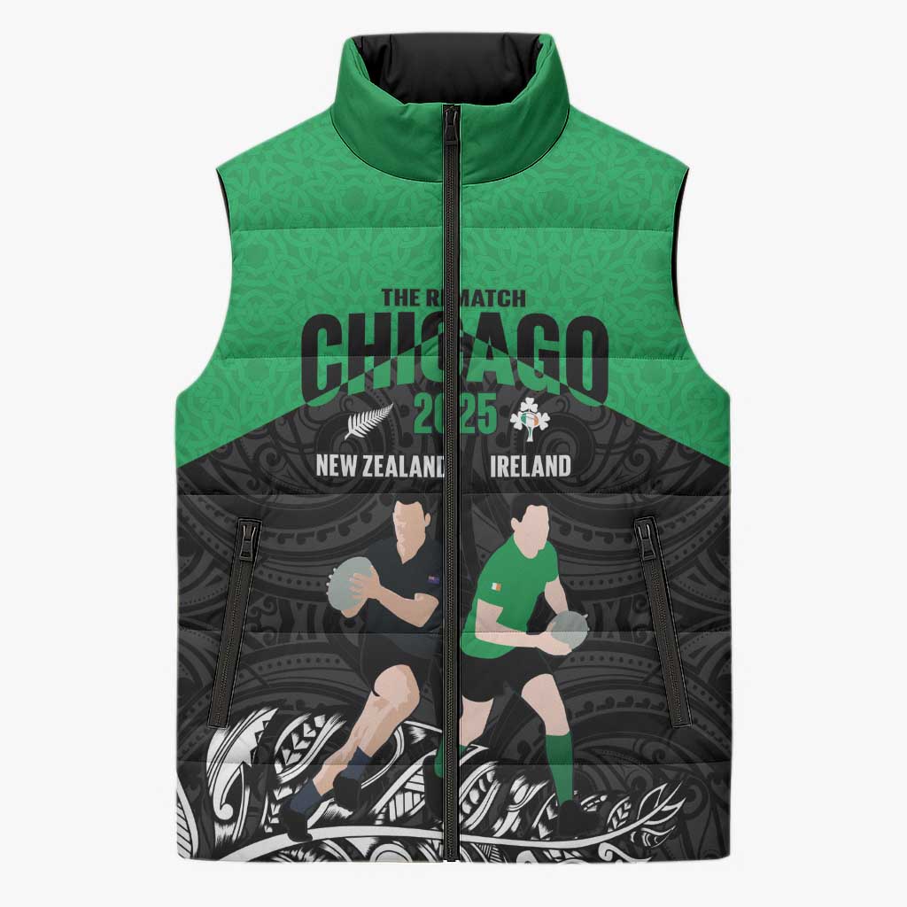 New Zealand and Ireland Rugby Custom Sleeveless Puffer Jacket Chicago 2025 Go All Black Shamrocks - Aussie Hoodie
