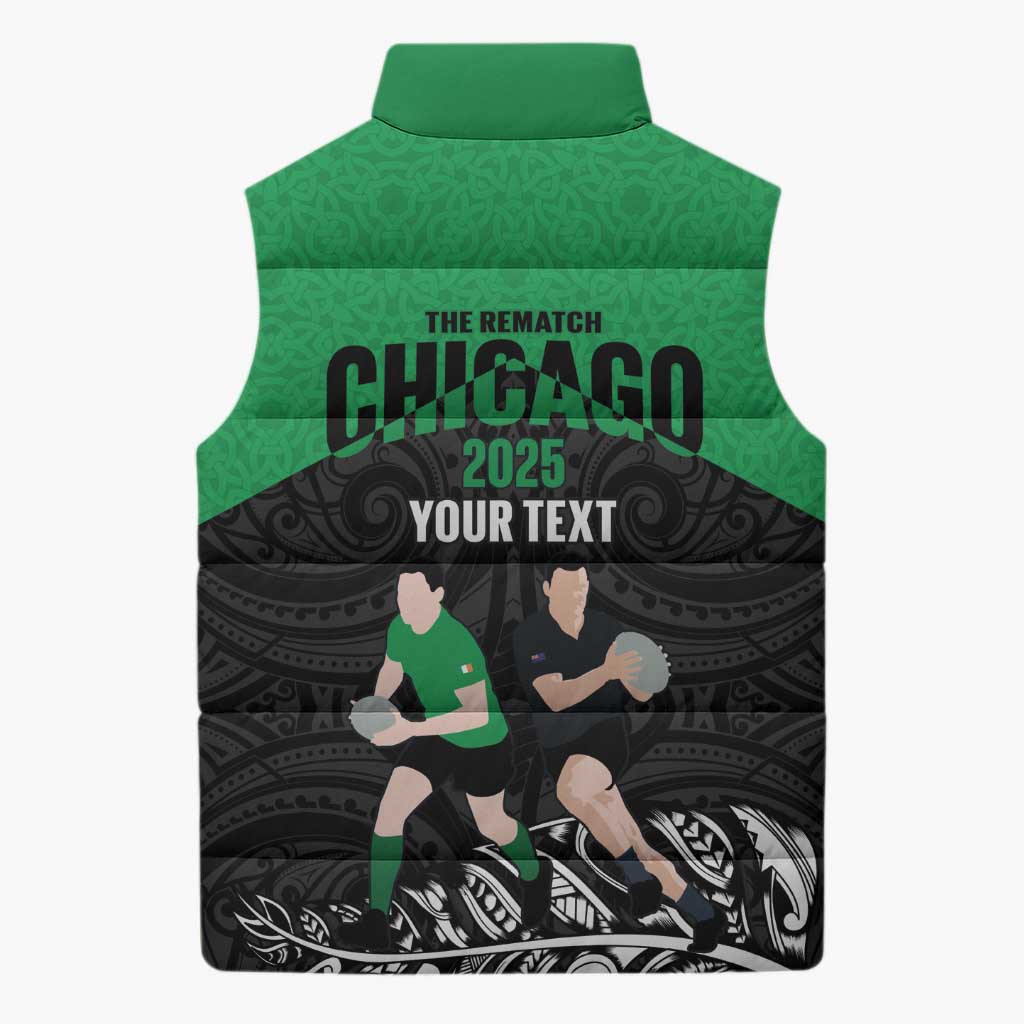 New Zealand and Ireland Rugby Custom Sleeveless Puffer Jacket Chicago 2025 Go All Black Shamrocks - Aussie Hoodie