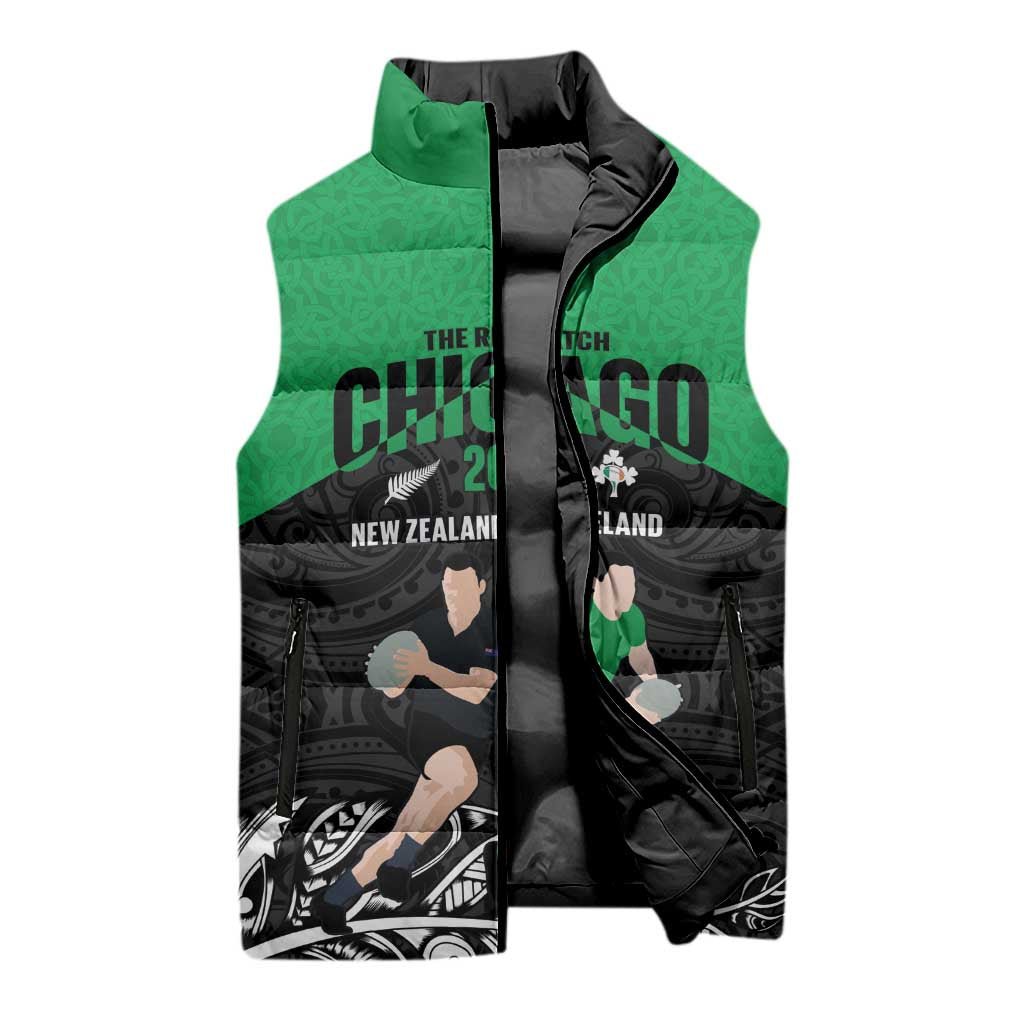 New Zealand and Ireland Rugby Custom Sleeveless Puffer Jacket Chicago 2025 Go All Black Shamrocks - Aussie Hoodie